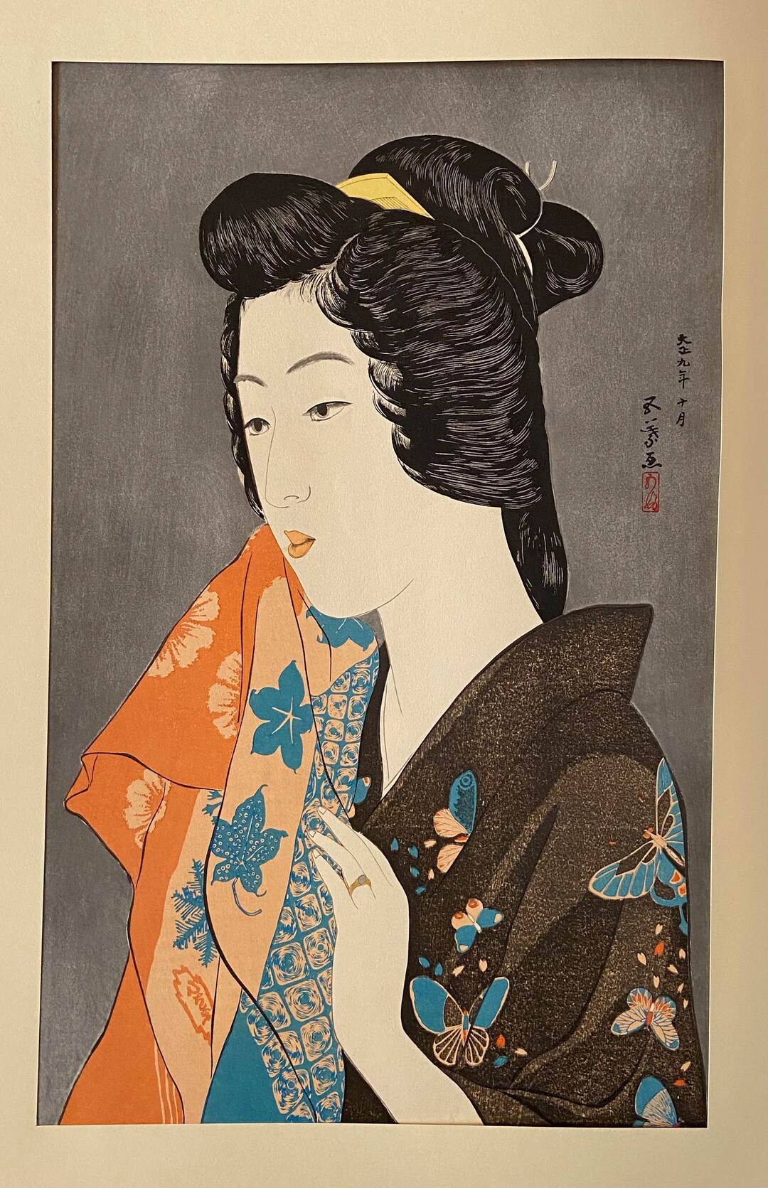 日本の浮世絵、新版画、木版画、橋口五葉「手ぬぐいを持つ女」 - Etsy 日本