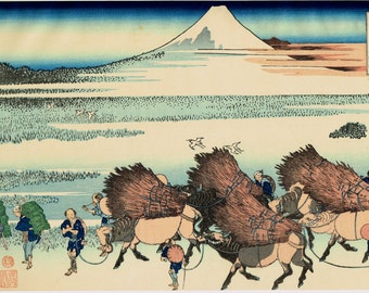 Japanese Ukiyo-e Woodblock print, Katsushika Hokusai, "Ōno Shinden in the Suruga Province, from the series Thirty-six Views of Mount Fuji"