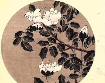 Grabado en madera antiguo japonés, Ito Jakuchu, "Árbol de la pagoda japonesa, de Jakuchu gafu"