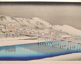 Japanese Ukiyoe, Shin-hanga, Woodblock print, antique, Hashiguchi Goyo, "Sanjo Bridge, Kyoto"