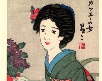 Japanese Ukiyoe, Shin-hanga, Woodblock print, Takehisa Yumeji, "Woman at the Café"