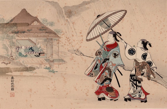 1924年、日本のビンテージ木版画浮世絵、奥村政信「小倉山