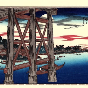 Woodblock print Japanese Ukiyoe Hiroshige antique Red Maple Trees at the Ts\u00fbtenky\u00f4 Bridge