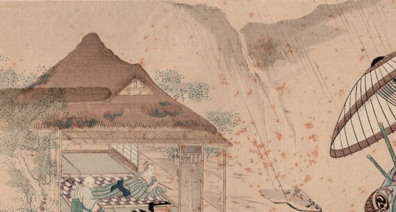 1924年、日本のビンテージ木版画浮世絵、奥村政信「小倉山