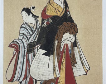 1906年、日本のアンティーク木版画、喜多川歌麿「両国橋の上と下