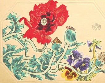 1932, Ukiyoe, Original Sōsaku-hanga, Woodblock print, antique, Eichi Kotozuka, "Oriental poppy"