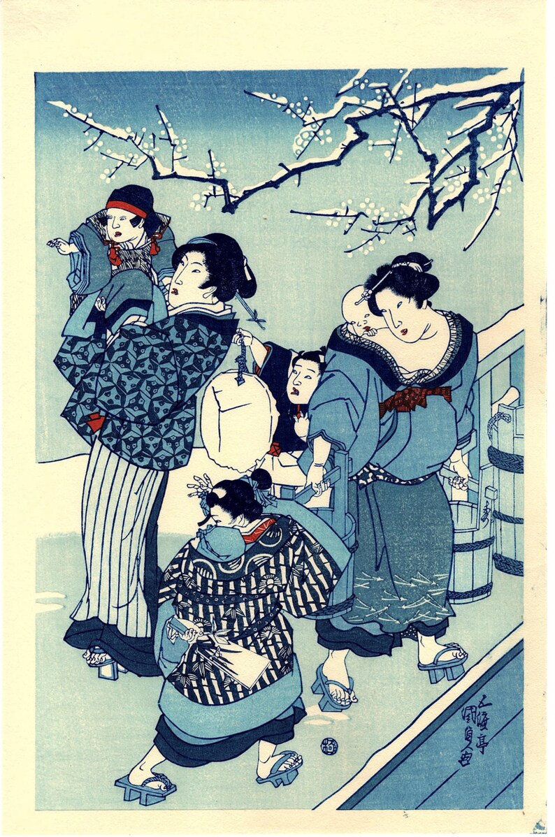 Japanese Ukiyoe, Woodblock print, Kunisada, Yuki no Ashita 2 image 1