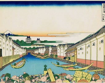 Japanese Ukiyo-e Woodblock print, Katsushika Hokusai, "Nihonbashi bridge in Edo, from the series Thirty-six Views of Mount Fuji"