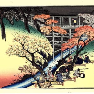 Japanese Ukiyoe, Woodblock print, antique, Hiroshige, &quot;Red Maple Trees at the Tsûtenkyô Bridge&quot;