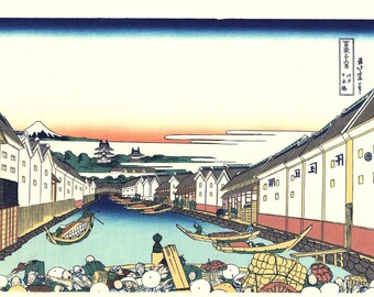 Japanese Ukiyo-e Woodblock print, Katsushika Hokusai, "Nihonbashi bridge in Edo, from the series Thirty-six Views of Mount Fuji"