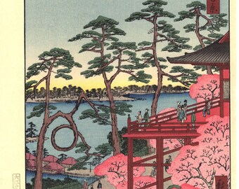 Japanese Ukiyo-e Woodblock print, Hiroshigei, "Kiyomizu Hall and Shinobazu Pond at Ueno"