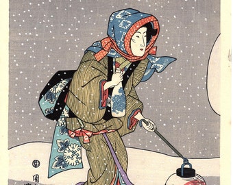Japanese Ukiyoe, Woodblock print, Toyokuni, "Deep snow"