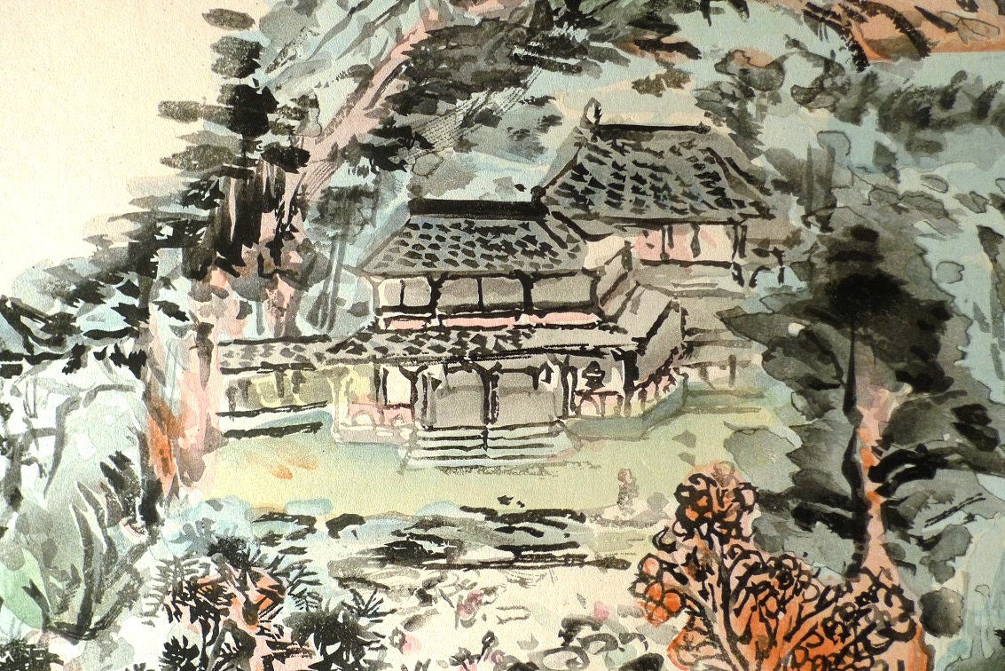 大型サイズ、日本のアンティーク木版画、富岡鉄斎、大型サイズ