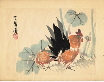 1913, Japanese Woodblock print, antique, Kaigai Tennen, "Fowl"