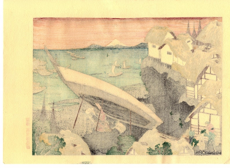Woodblock print Japanese Ukiyoe Katsushika Hokusai Mt.fuji and a beacon