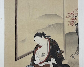 1906年、日本のアンティーク木版画、喜多川歌麿「両国橋の上と下