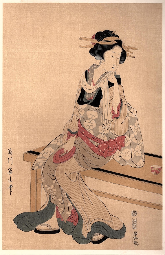 1906年、日本のアンティーク木版画、菊川英山、浮世絵派画集より