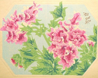 1932, Ukiyoe, Original Sōsaku-hanga, Woodblock print, antique, Eichi Kotozuka, "Pelargonium"