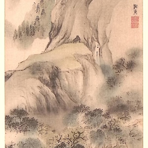 1909, xilogravura antiga japonesa, Yosa Buson, &quot;春景山水図&quot;.