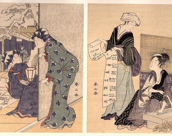 1906年、日本のアンティーク木版画、菊川英山、浮世絵派画集より
