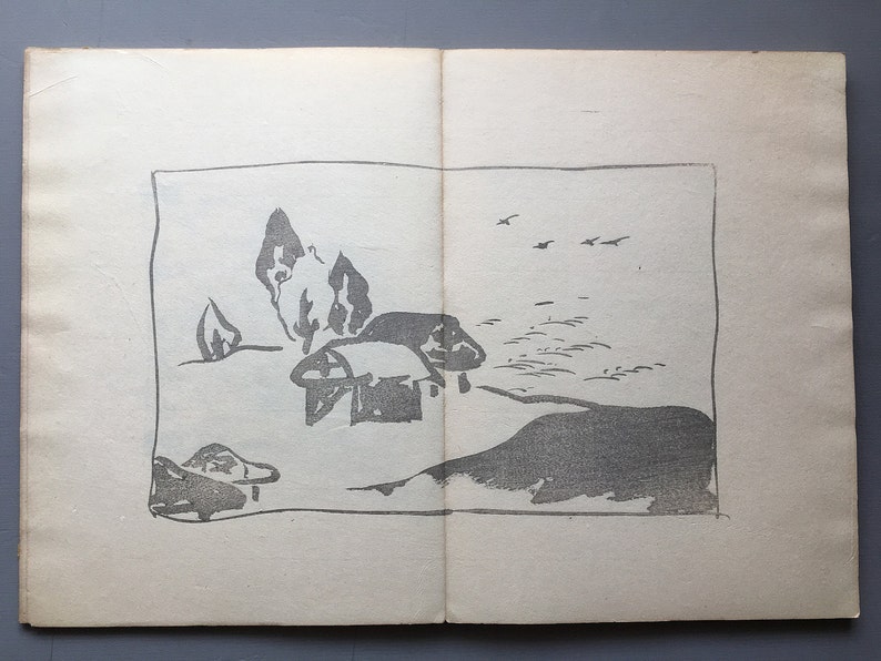 May include: A black and white illustration of a landscape with a few trees and a body of water in the background. There are birds flying in the sky.