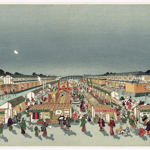 Impressão em xilogravura japonesa Ukiyo-e, Utagawa Toyoharu, &quot;Shijo Kawaramachi&quot;