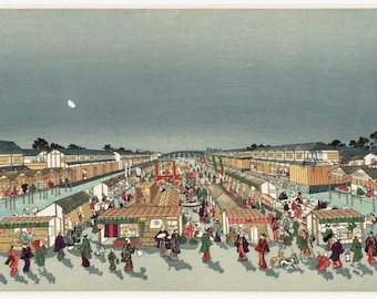 Japanese Ukiyo-e Woodblock print, Utagawa Toyoharu, "Shijo Kawaramachi"