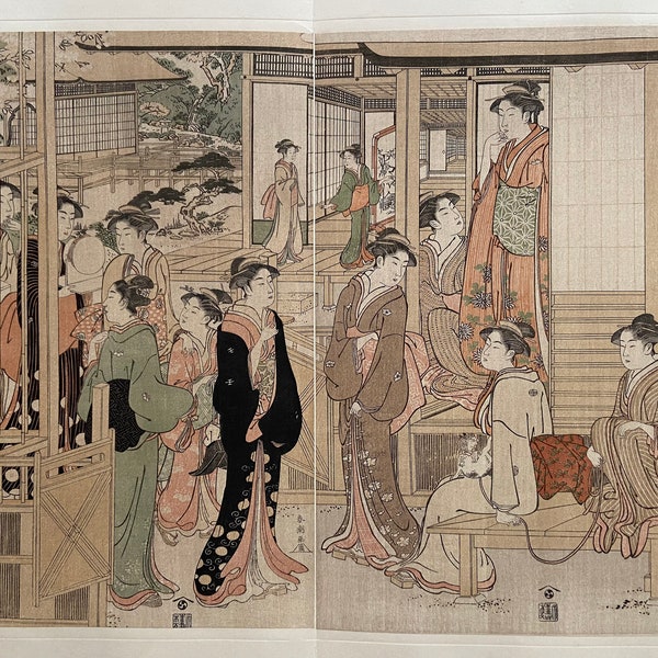 1906, Japanese antique woodblock print,Katsukawa Shuncho, "Parody of the Wakana no Jô Chapter of the Tale of Genji" ,from Ukiyoe-ha-gashu.