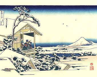 Japanese Ukiyo-e Woodblock print, Katsushika Hokusai, "Tea house at Koishikawa, from the series Thirty-six Views of Mount Fuji"