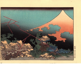 Japanese Ukiyoe, Woodblock print, Katsushika Hokusai, "Mt.fuji in evening shower"