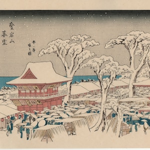 Hiroshige, "Twilight Snow at Mount Atago; View of the Year-end Fair (Atagoyama bosetsu, Toshinobo ichi no zu)".