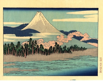 Japanese Ukiyoe, Woodblock print, Katsushika Hokusai, "Mt.fuji scenery at Senbon Matubara in Numazu"