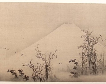 1914, Japanese antique woodblock print, Watanabe Kazan, "寒林富岳図".