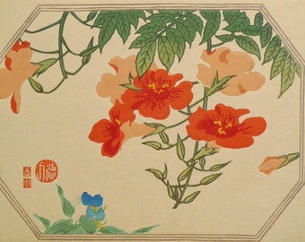 1932, Ukiyoe, Original Sōsaku-hanga, Woodblock print, antique, Tomikichiro Tokuriki, "Trumpet creeper"