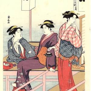 Japanese Ukiyoe, Woodblock print, antique, Kiyonaga,  "Cooling off in the Evening at Shijo Riverbank" 1