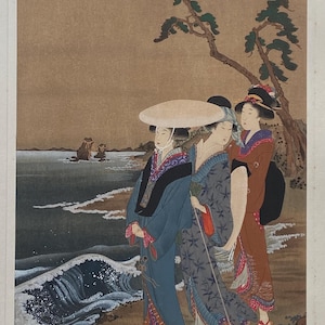 アンティーク 紙 木版(浮世絵) 35.5×24.5cm版上に落款有 1906年、日本のアンティーク木版画、菊川英山、浮世絵派画集より