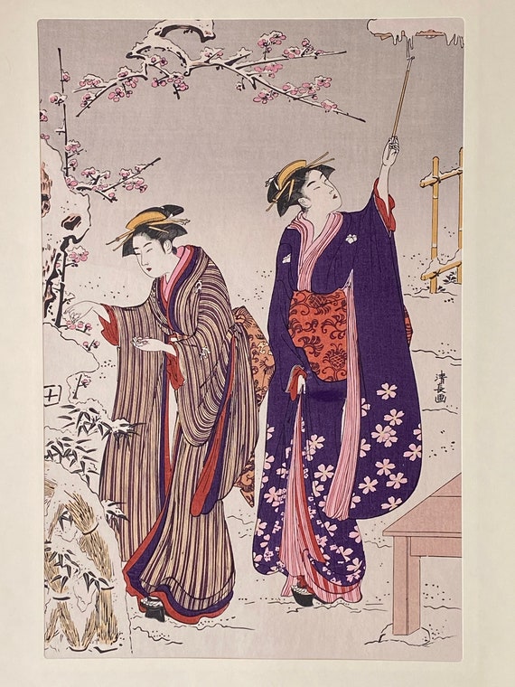 浮世絵、木版画、鳥居清長「雪景色の庭」 - Etsy 日本