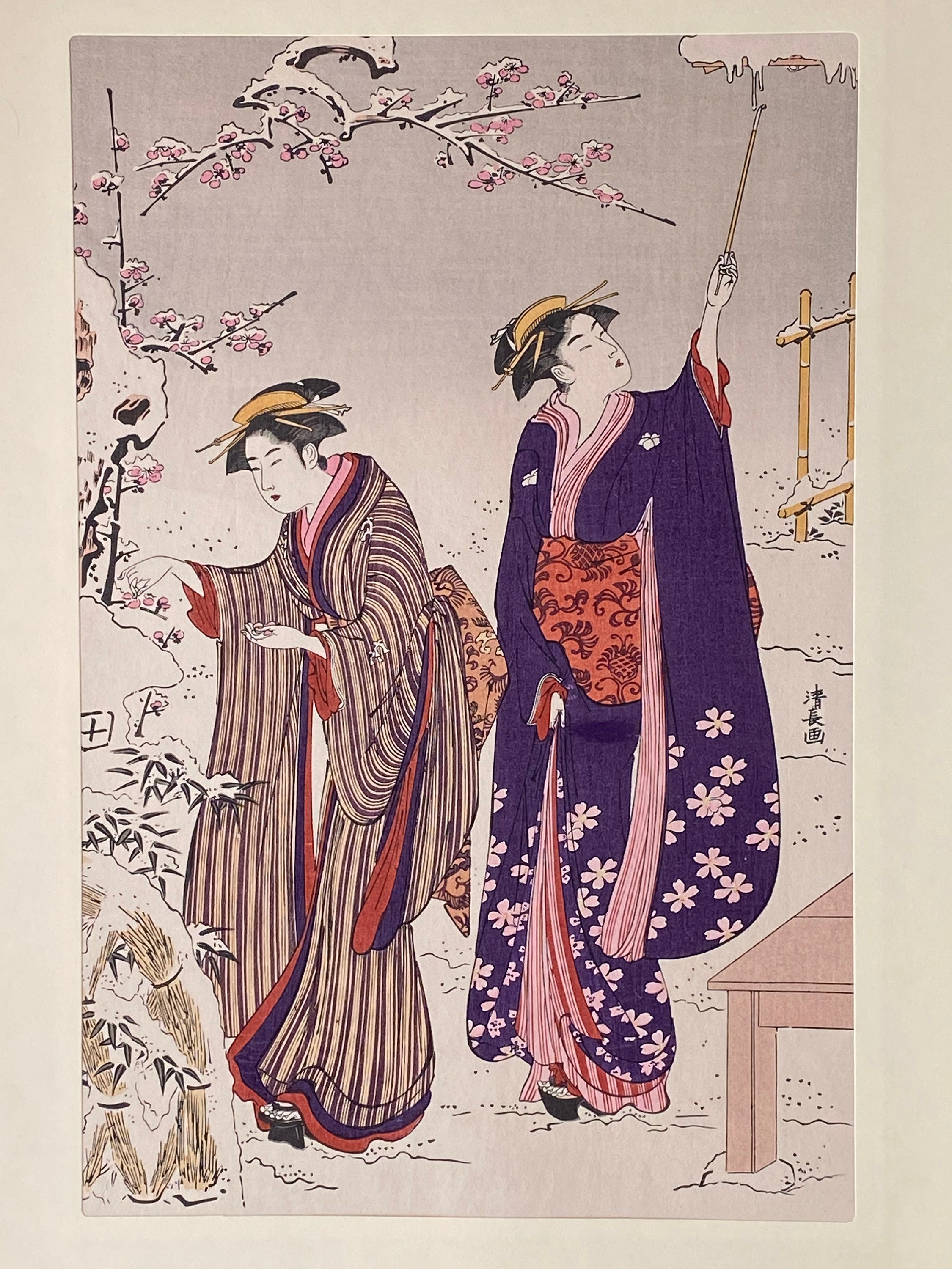 浮世絵、木版画、鳥居清長「雪景色の庭」 - Etsy 日本