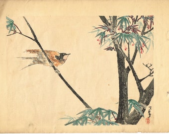 日本の浮世絵木版画、広重作、花鳥風月「燕と桃の花」 - Etsy 日本