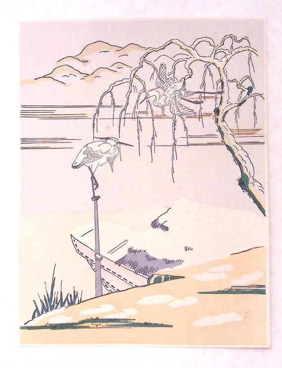 日本の浮世絵、木版画、鈴木春信、「白鷺」 - Etsy 日本