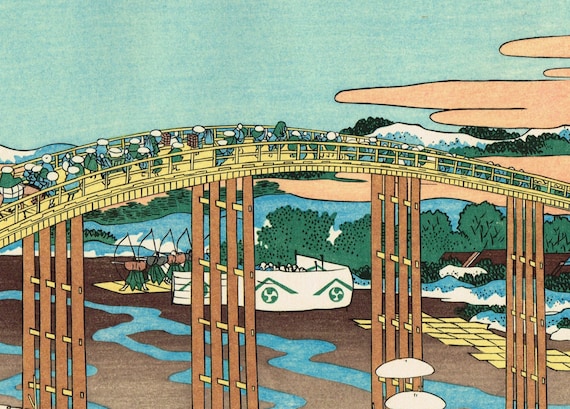 日本の浮世絵版画、葛飾北斎「東海道岡崎矢作橋」 - Etsy 日本