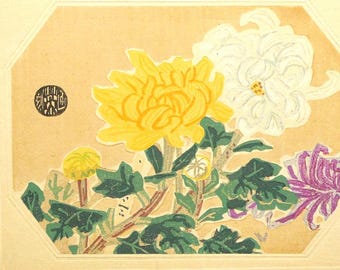 1932, Ukiyoe, Original Sōsaku-hanga, Woodblock print, antique, Eichi Kotozuka,  "Chrysanthemum"