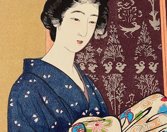 日本の浮世絵、新版画、木版画、橋口五葉「夏着物の女性」 - Etsy 日本