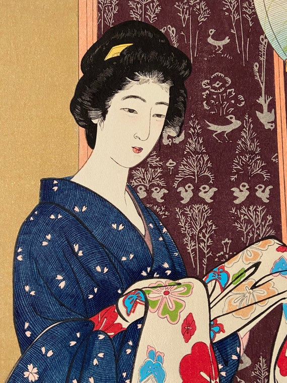日本の浮世絵、新版画、木版画、橋口五葉「夏着物の女性」 - Etsy 日本