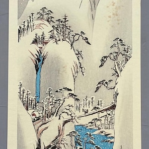 Japanskt Ukiyo-e träblocktryck, Ando Hiroshige, "En snöig ravin"