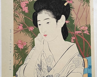 Japanese Ukiyoe, Shin-hanga, Woodblock print, antique, Hashiguchi Goyo, "Woman Standing Before a Blossoming Peach Tree"