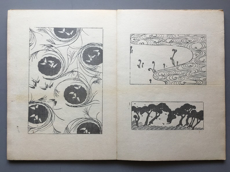 May include: A page from a book with three black and white illustrations. The first illustration is a repeating pattern of circles with swirls and birds. The second illustration is a stylized landscape with a river and trees. The third illustration is a stylized landscape with trees and birds.
