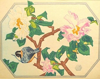 1932, Ukiyoe, Original Sōsaku-hanga, Woodblock print, antique, Eichi Kotozuka, "Camellia"