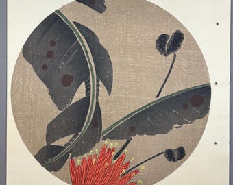 Grabado japonés antiguo en madera, Ito Jakuchu, "Plátano escarlata, de Jakuchu gafu"
