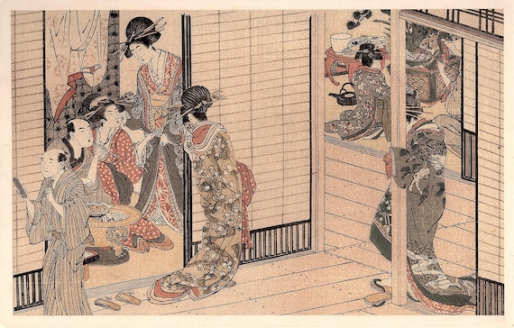 1906年、日本のアンティーク木版画、喜多川歌麿、浮世絵派画集